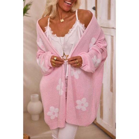 Sweaters - Pink Floral Open Cardi